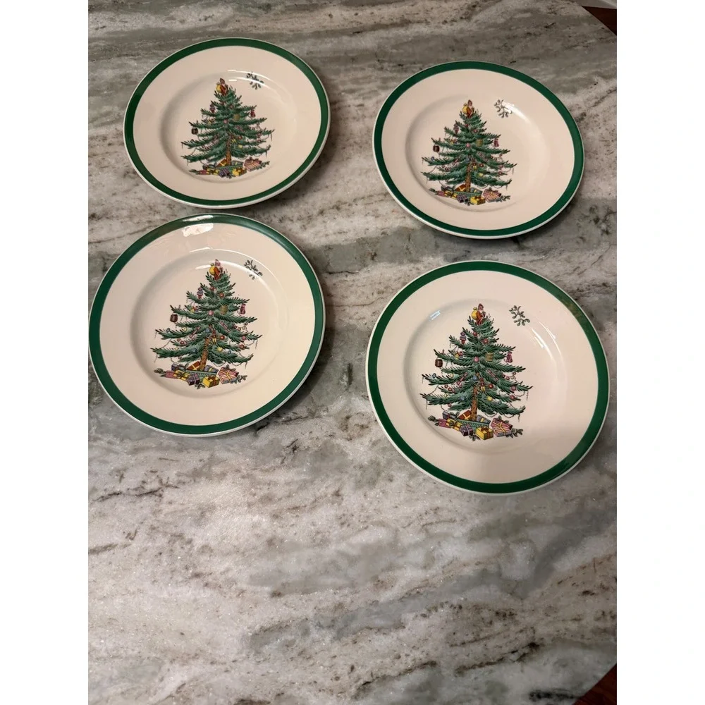 Spode Christmas Tree Bread Butter Side Plates Set 4 England S3324 P Green 6.5 in